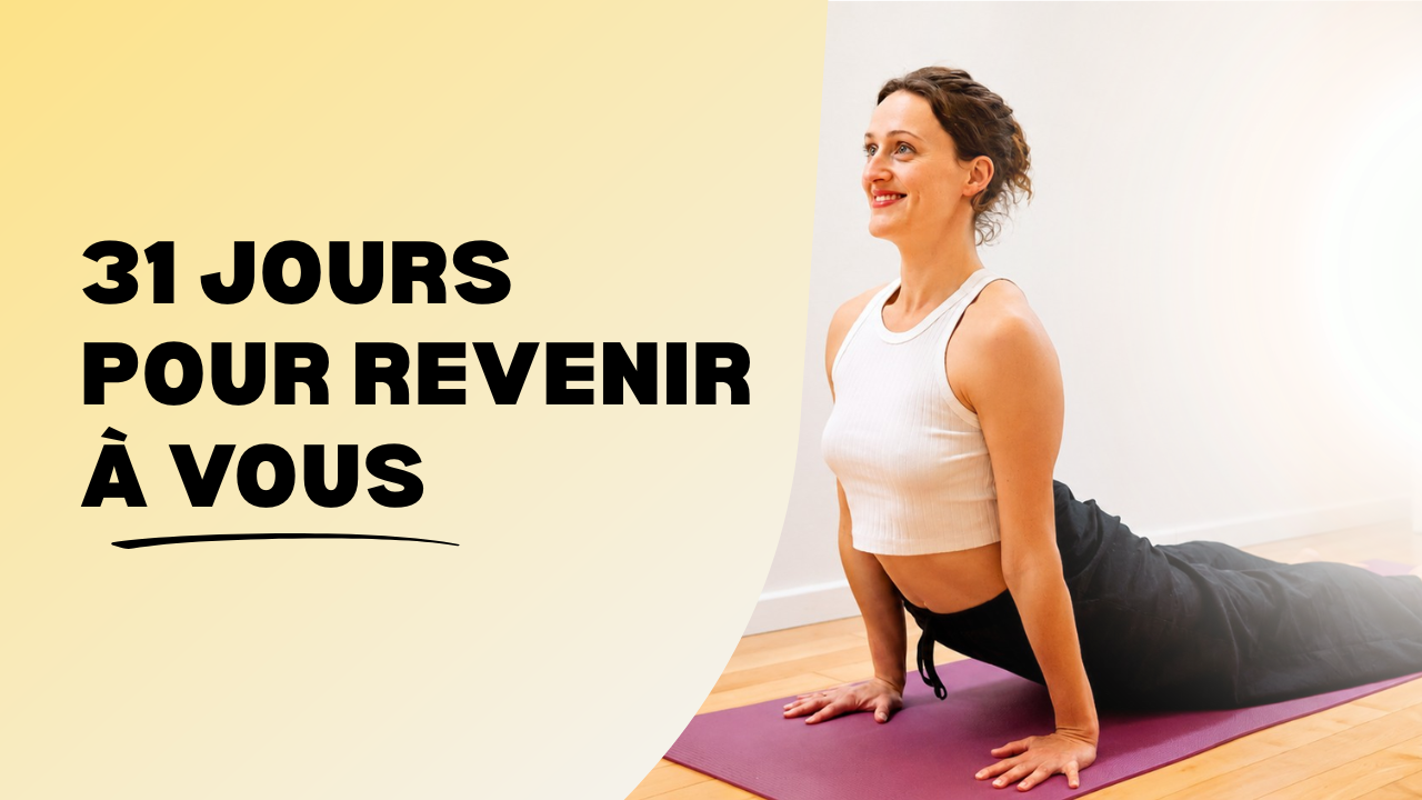 Défi 31 jours de yoga. Pendant 31 jours, je t’accompagne avec une vidéo courte chaque jour pour prendre soin de ton corps, apaiser ton mental et faire le plein d’énergie. Rejoins un défi collectif puissant et transforme ta santé mentale, physique et émotionnelle. 31 jours de yoga, c’est bien plus que des mouvements sur un tapis, c’est une véritable révolution intérieure.